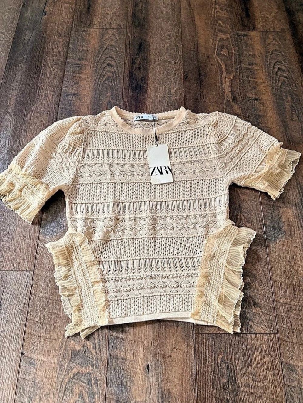 ZARA Combination Ruffle Top Cream Crop Top Size Large NWT